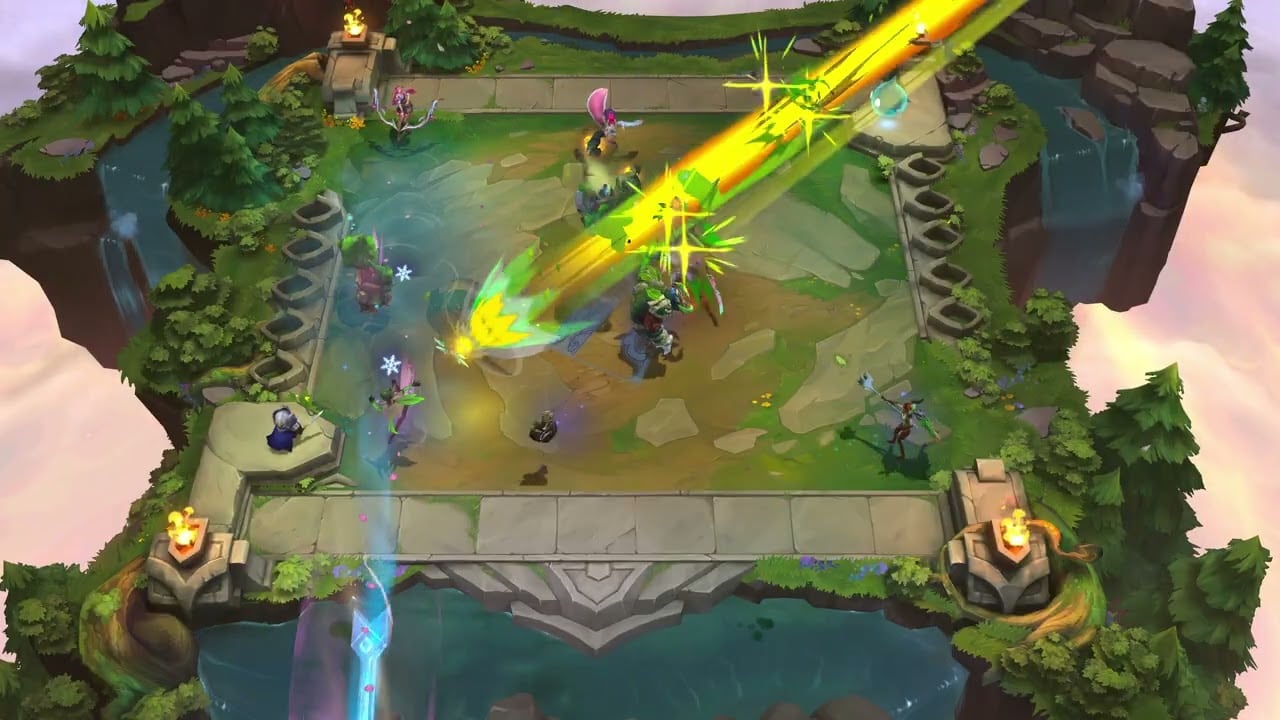 TFT Enchanted Wilds board with forest champions fighting on a woodland arena