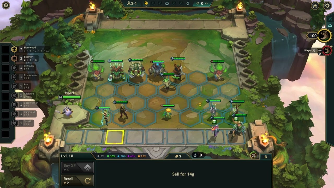 TFT Enchanted Wilds HUD with Elderwood traits, shop odds, and champions on the forest board